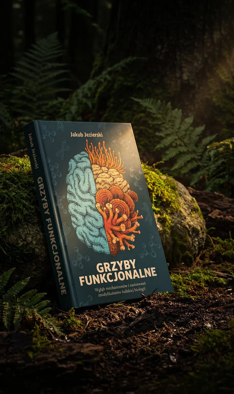 Książka Grzyby funkcjonalne Jakuba Jezierskiego w leśnej scenerii
