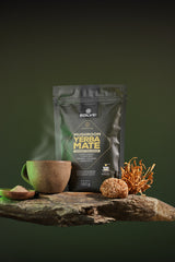 Mushroom Yerba Mate — opakowanie, filiżanka i grzyby